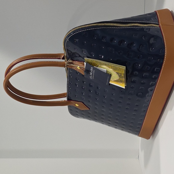 NWT ✅ ARCADIA Top Handles Patent Leather Dome Satchel BLUE / TAN +Dust Bag & COA - Picture 4 of 13